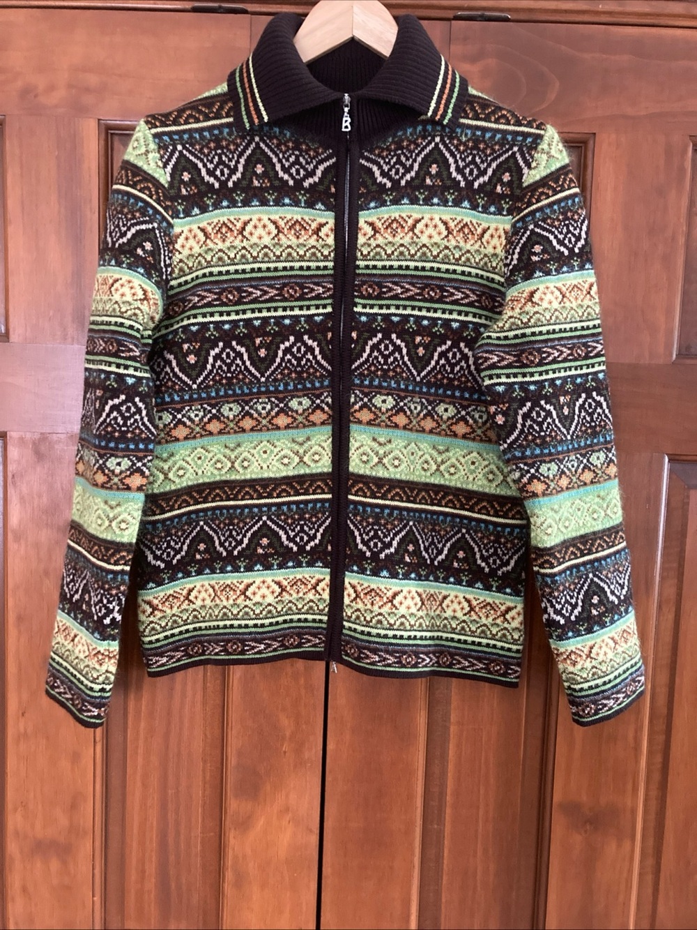 Bogner full Zip-Front Fair Isle Cardigan Sweater wool blend women’s medium